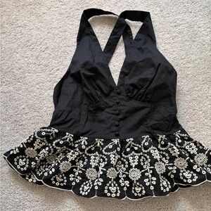 Express Black Top with White Floral Embroidery